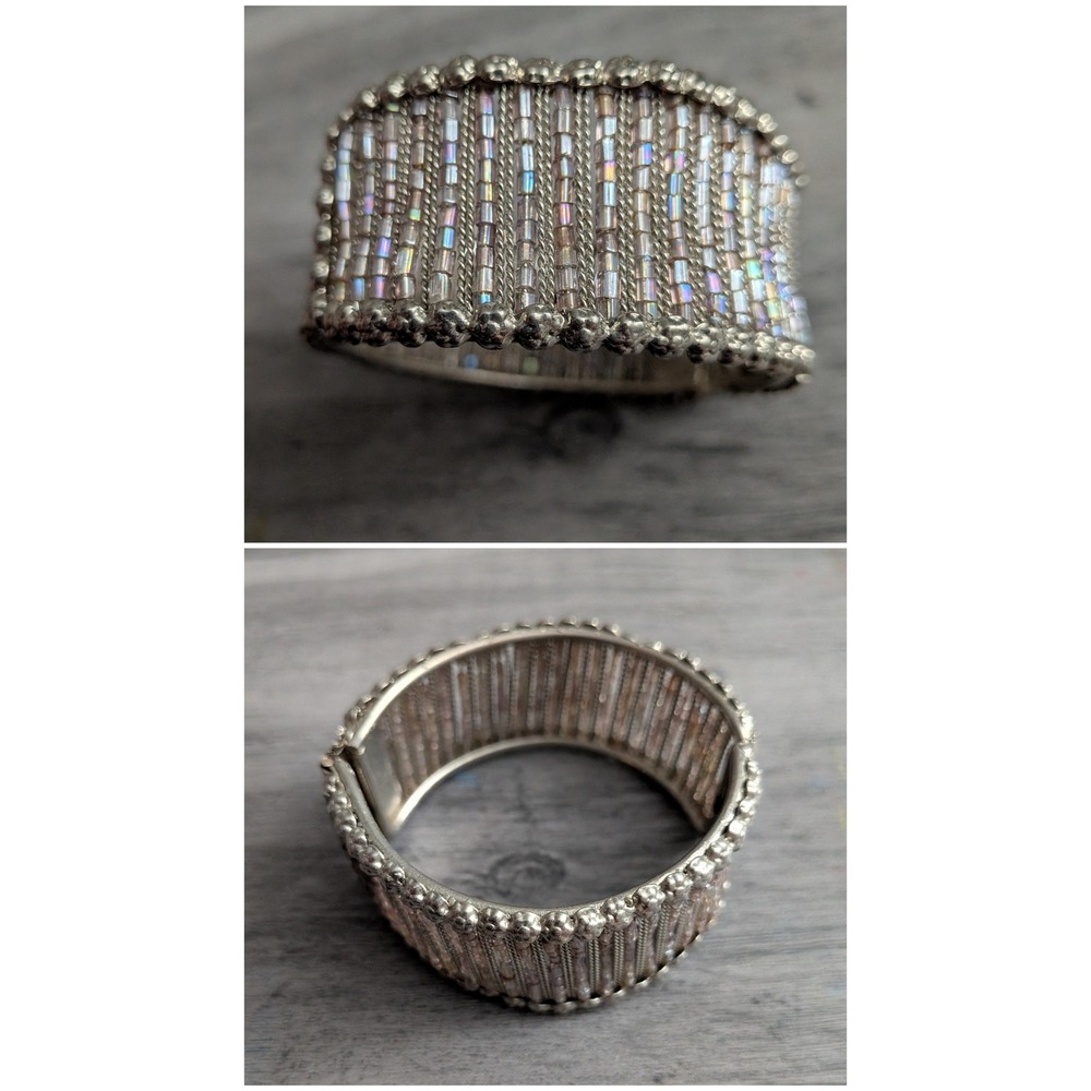Iridescent Seed Bead Wide Cuff Bracelet Silver Tone Hinged Statement Jewelry